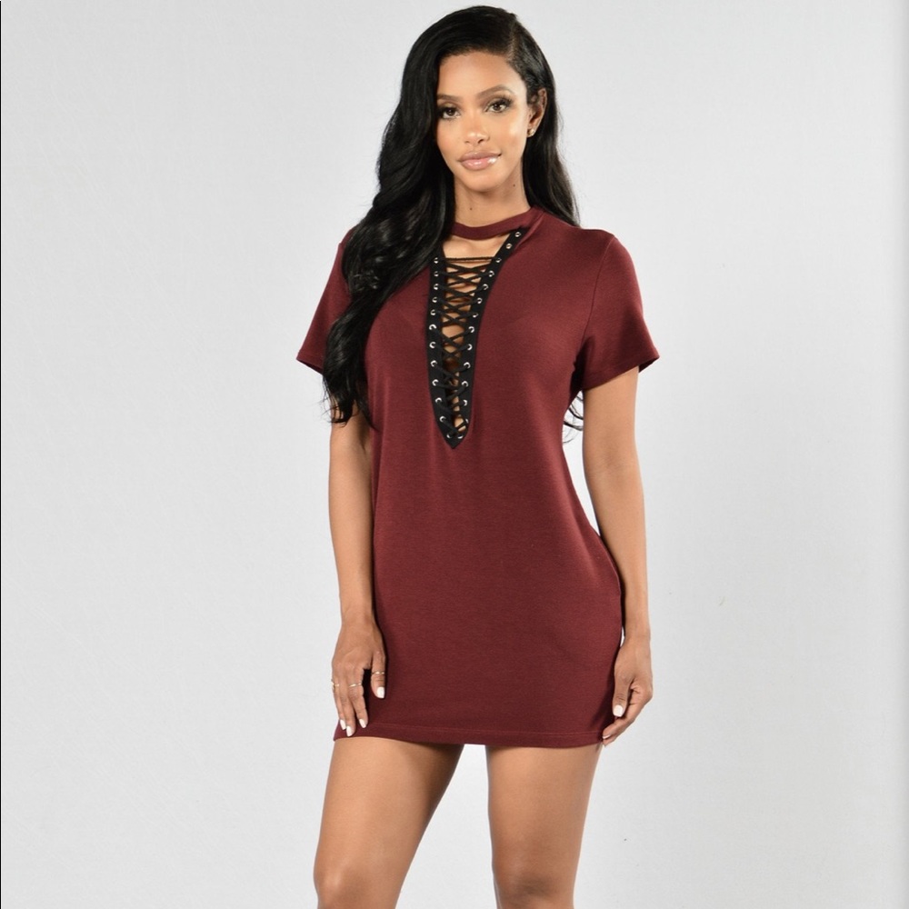 Fashion Nova Lace Up Burgundy Tunic Dress Top